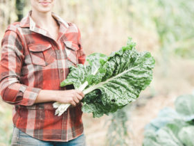 woman holding kale in garden