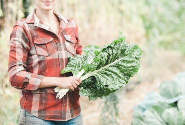 woman holding kale in garden