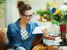 Happy female health coach sharing over social media